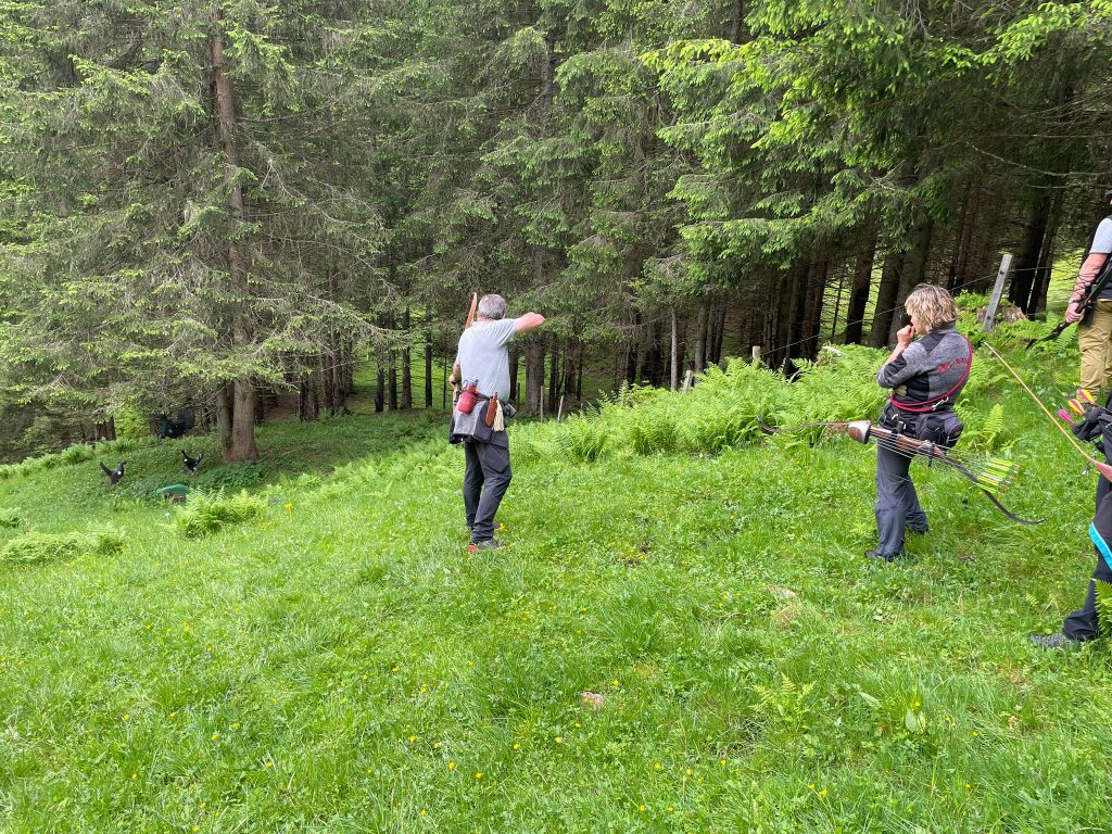 Bogenschütze spannt Jagdbogen auf grünem 3D-Parcours im Raurisertal vor Bergkulisse